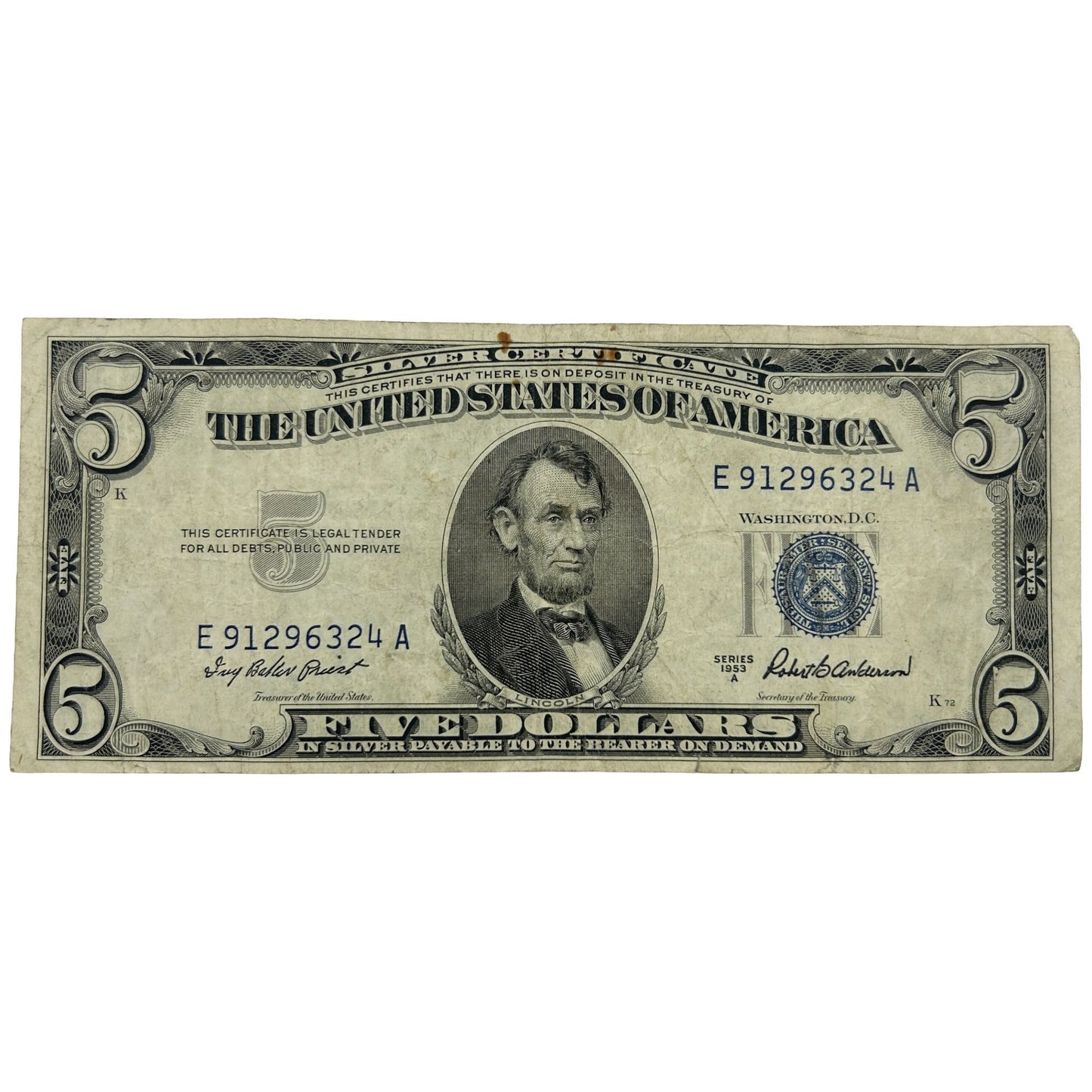1953-A $5 Silver Certificate Circulated Banknote