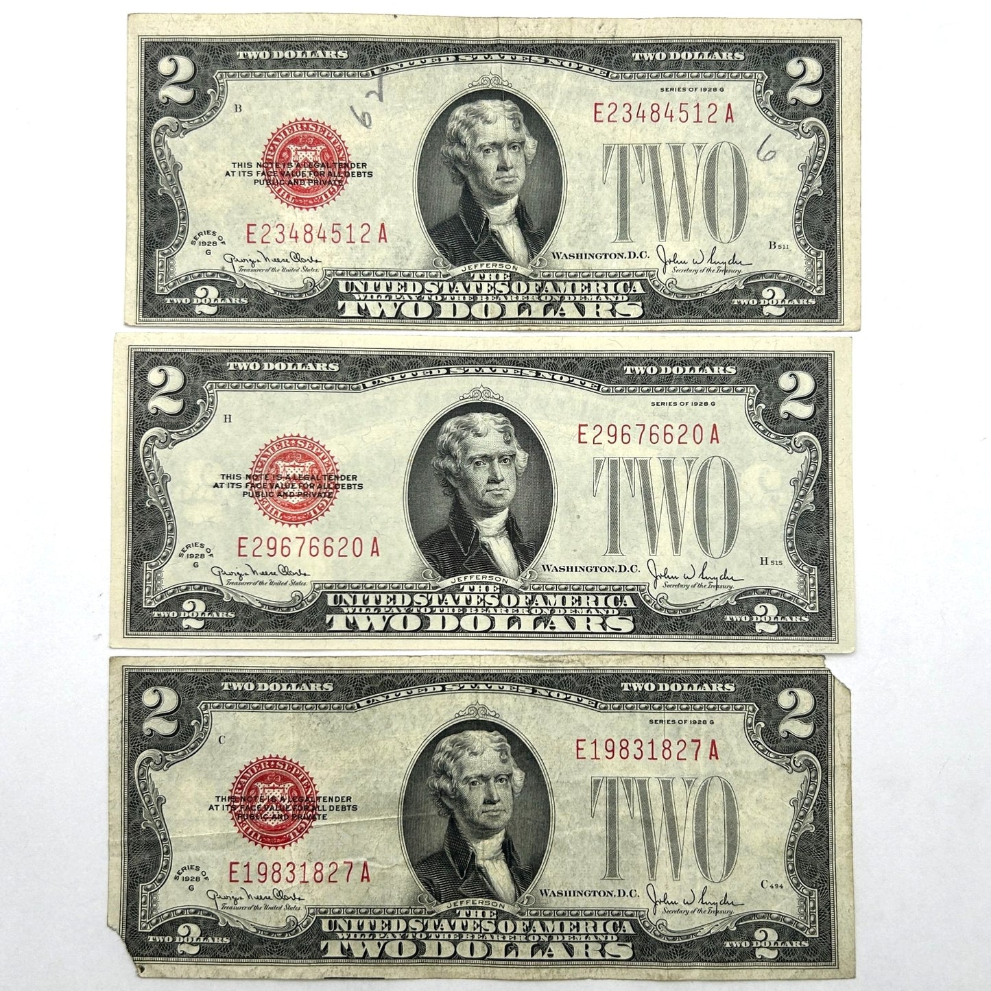 LOT OF 3 Series of 1928-G $2 Two Dollar Bill - Red Seal, Circulated, Slightly OC
