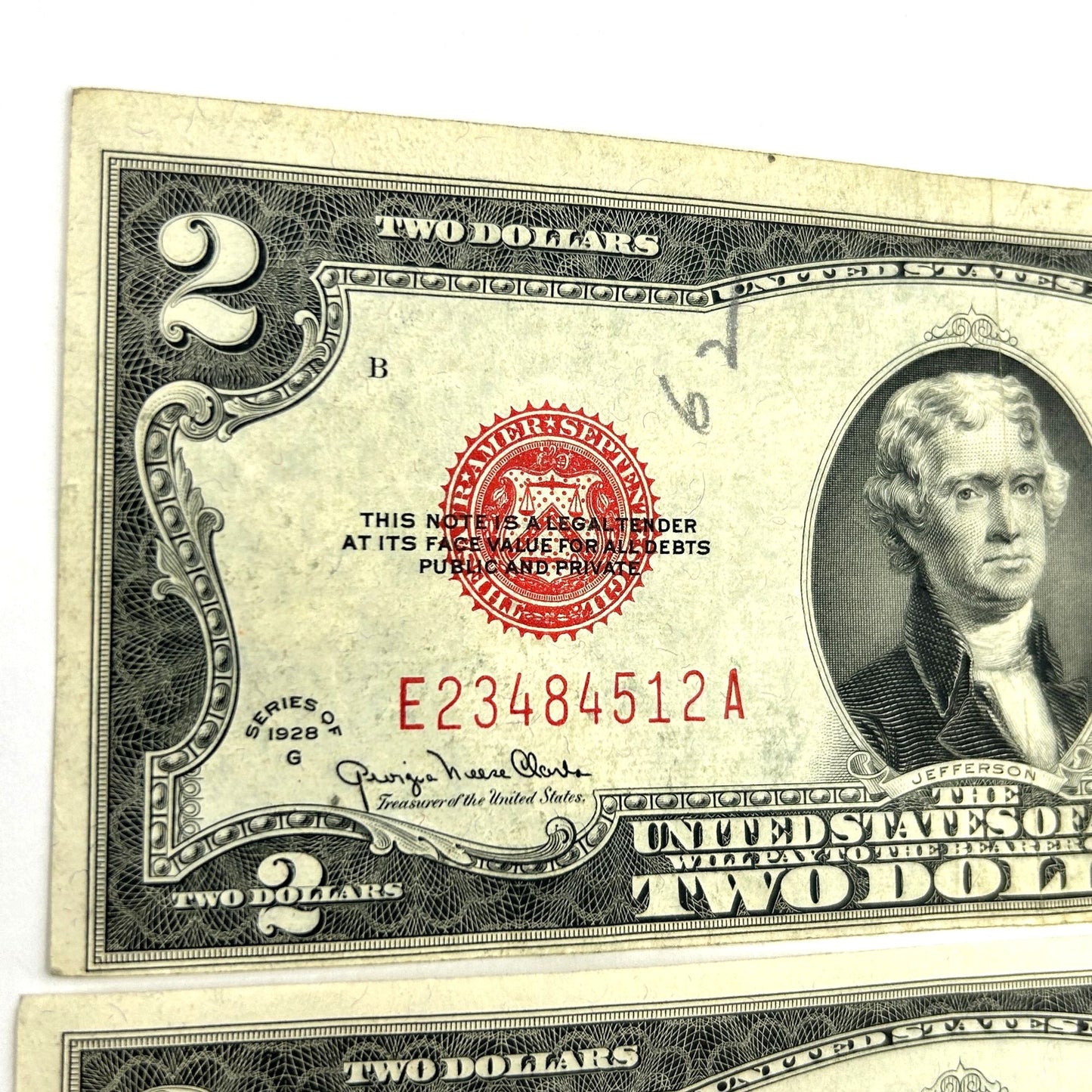 LOT OF 3 Series of 1928-G $2 Two Dollar Bill - Red Seal, Circulated, Slightly OC