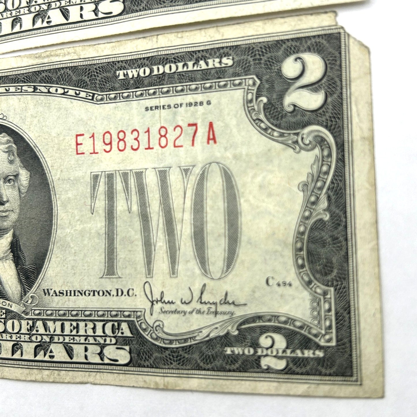 LOT OF 3 Series of 1928-G $2 Two Dollar Bill - Red Seal, Circulated, Slightly OC