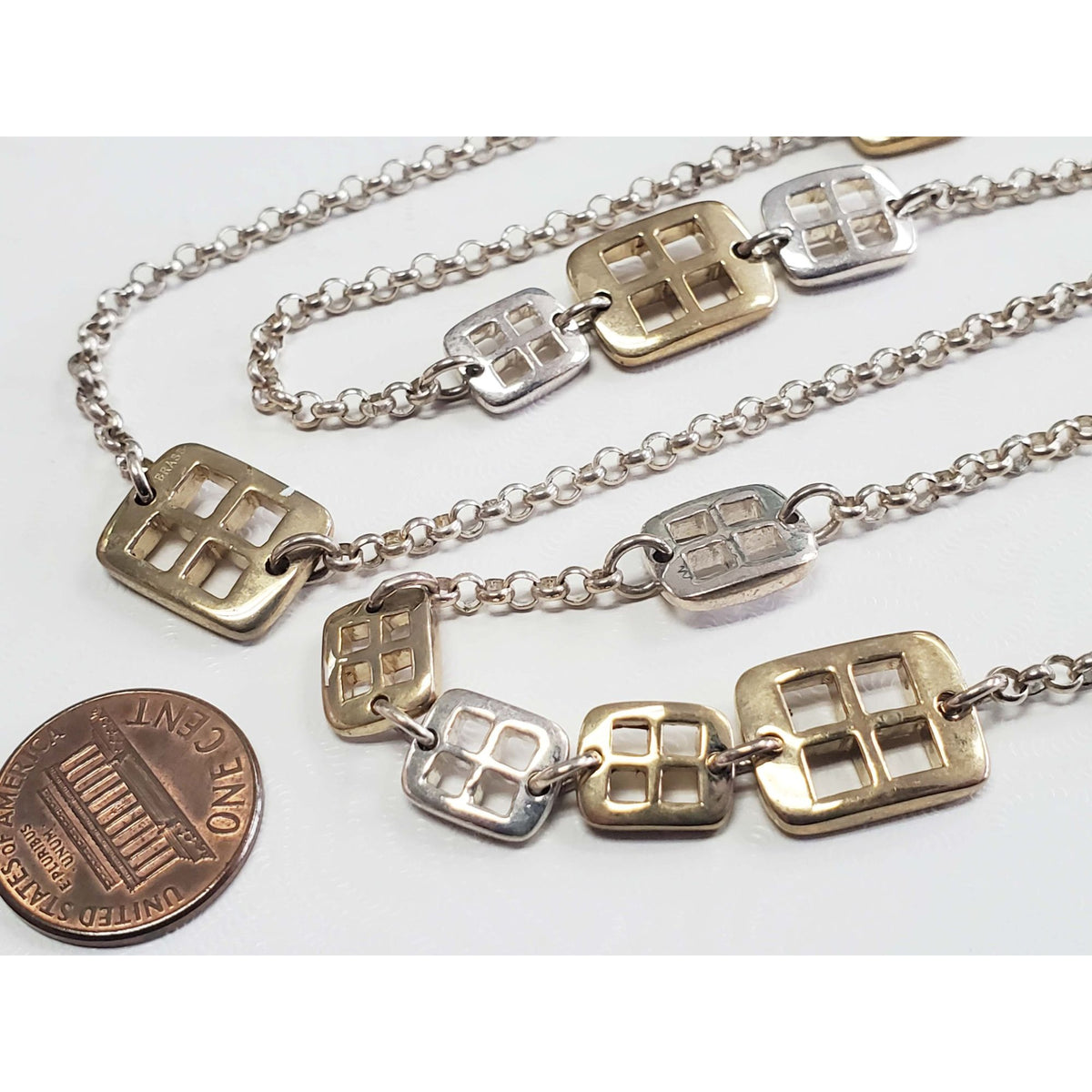 Robert Lee Morris Window Rolo Link Chain Necklace Sterling Silver & Brass 35"