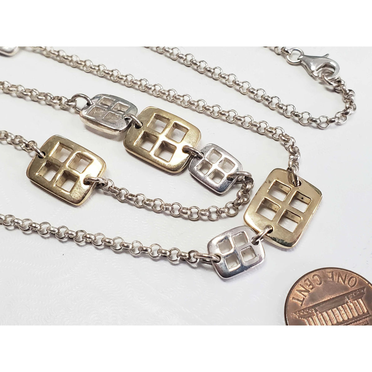 Robert Lee Morris Window Rolo Link Chain Necklace Sterling Silver & Brass 35"