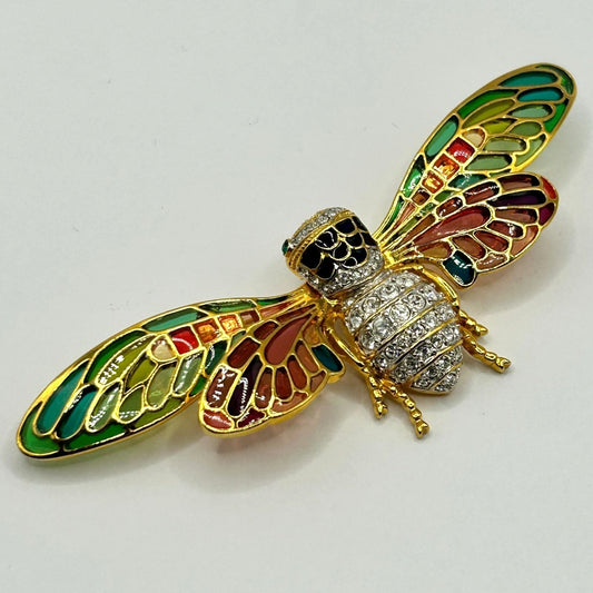Vintage Joan Rivers Cicada Bug Plique-a-Jour Stain Glass & Crystal Pin Brooch