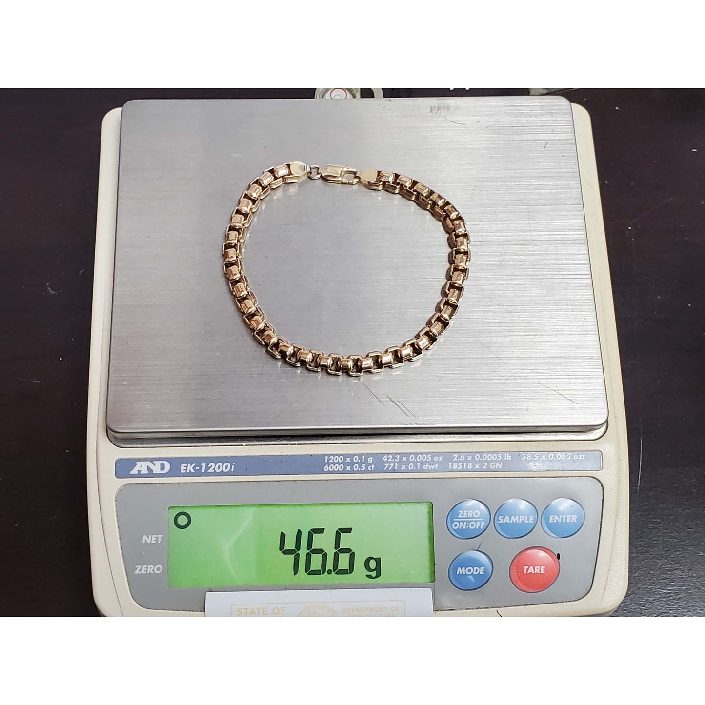 7.2mm Wide Round Box Chain Bracelet 10k Gold 46.5 Grams