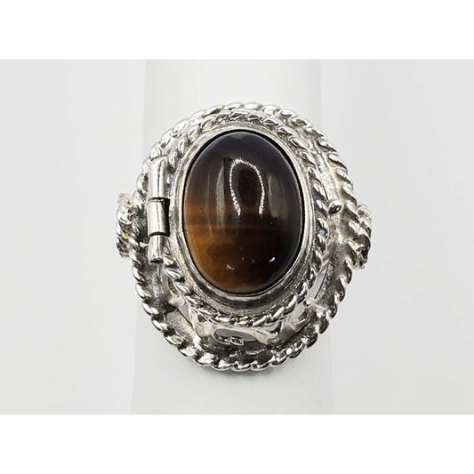 Vintage Mexico Tiger's Eye Poison Ring Sterling Silver Size 7.25-7.5