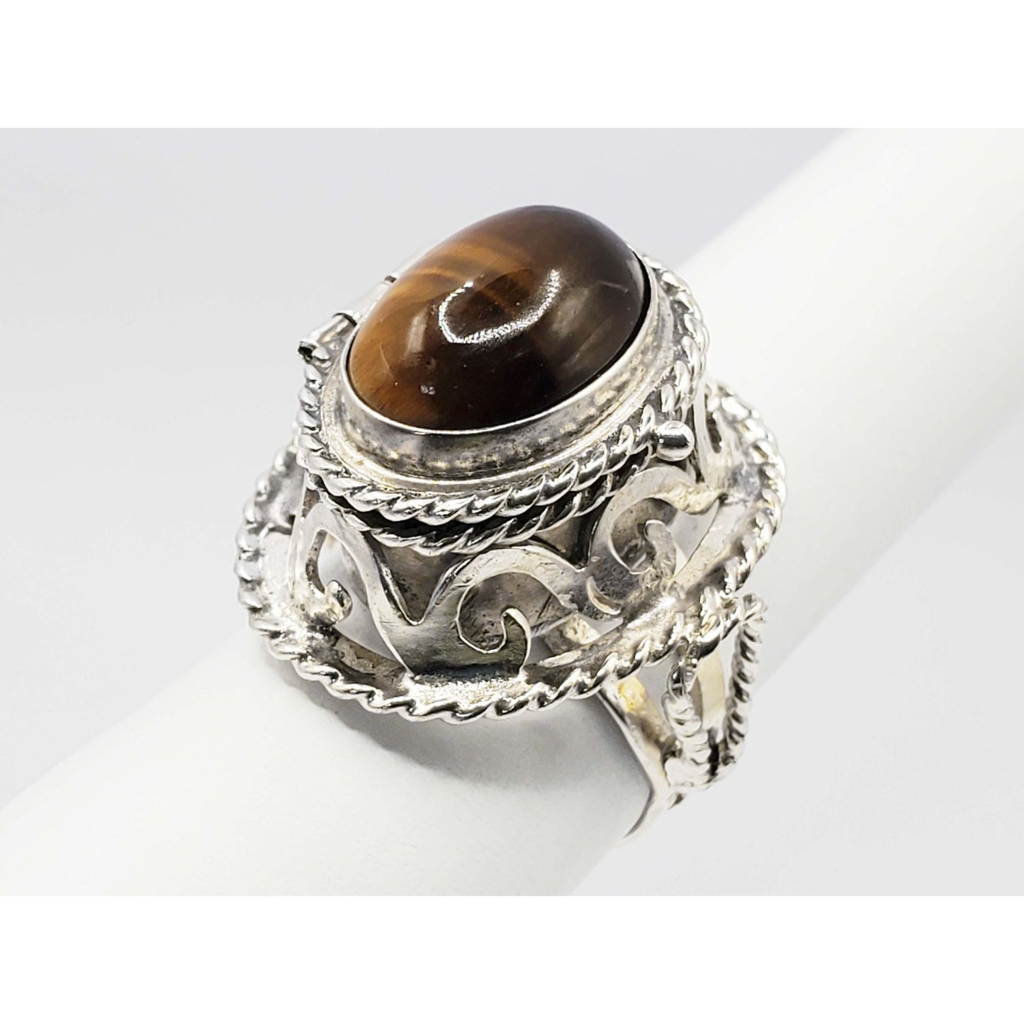 Vintage Mexico Tiger's Eye Poison Ring Sterling Silver Size 7.25-7.5
