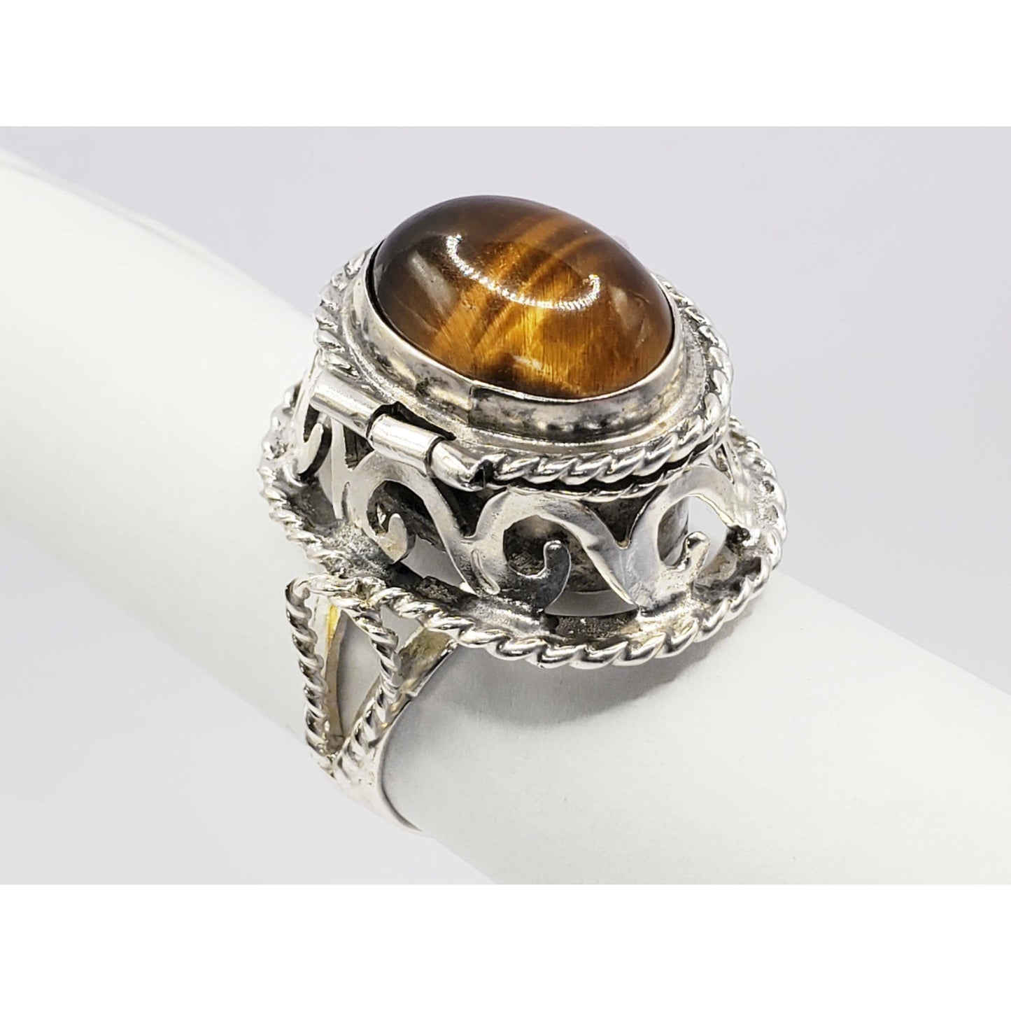 Vintage Mexico Tiger's Eye Poison Ring Sterling Silver Size 7.25-7.5