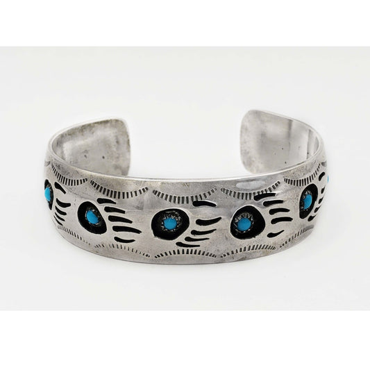 Pearlene Spencer Navajo Turquoise Bear Paw Design Cuff Bracelet Sterling Silver