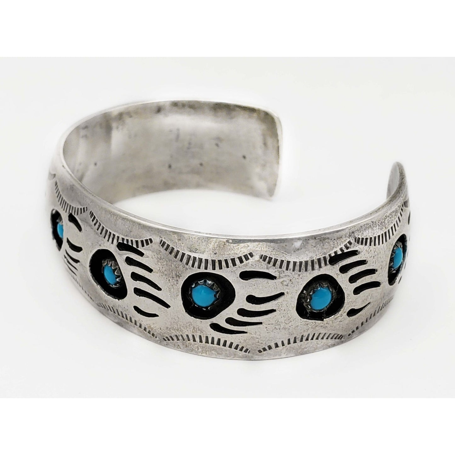Pearlene Spencer Navajo Turquoise Bear Paw Design Cuff Bracelet Sterling Silver