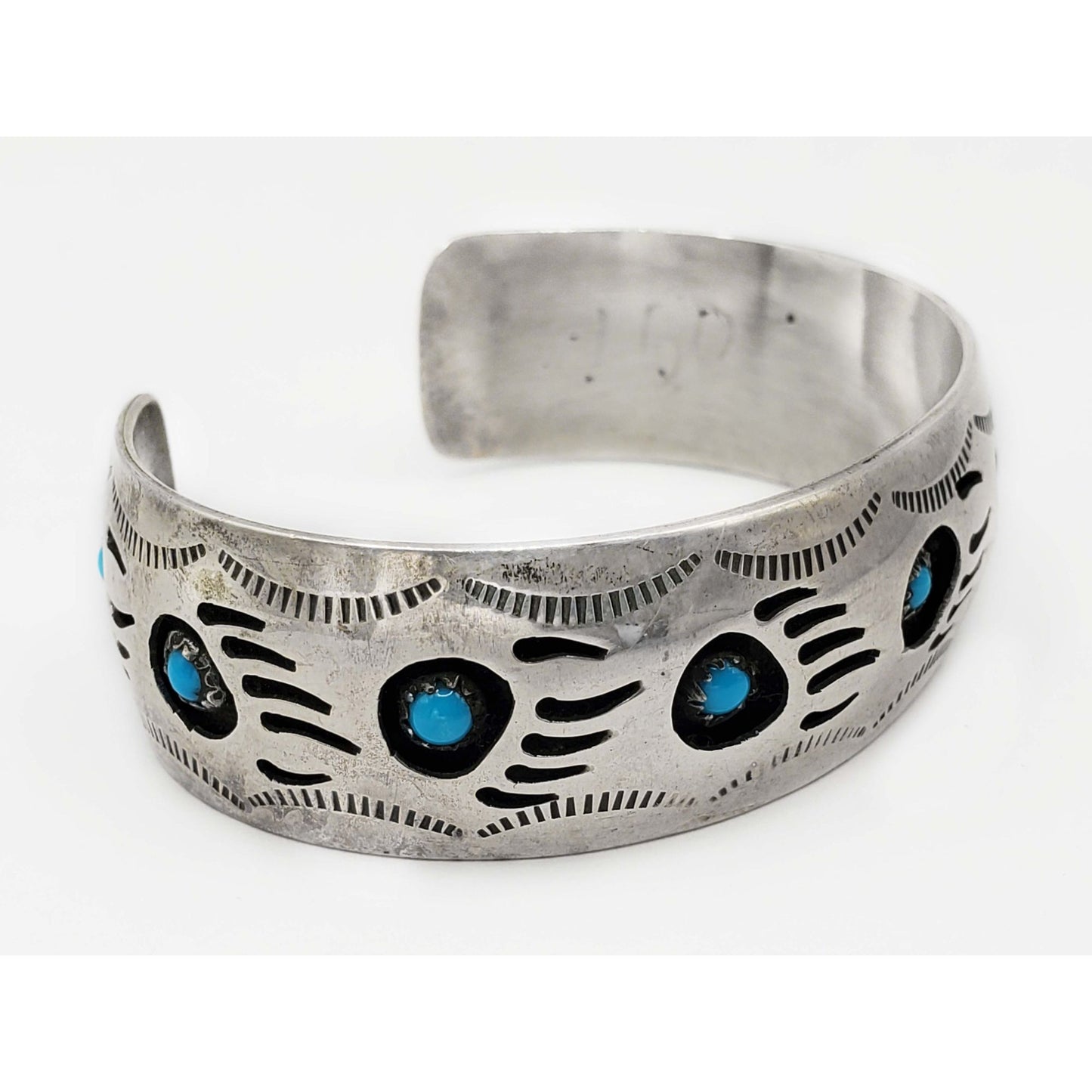Pearlene Spencer Navajo Turquoise Bear Paw Design Cuff Bracelet Sterling Silver