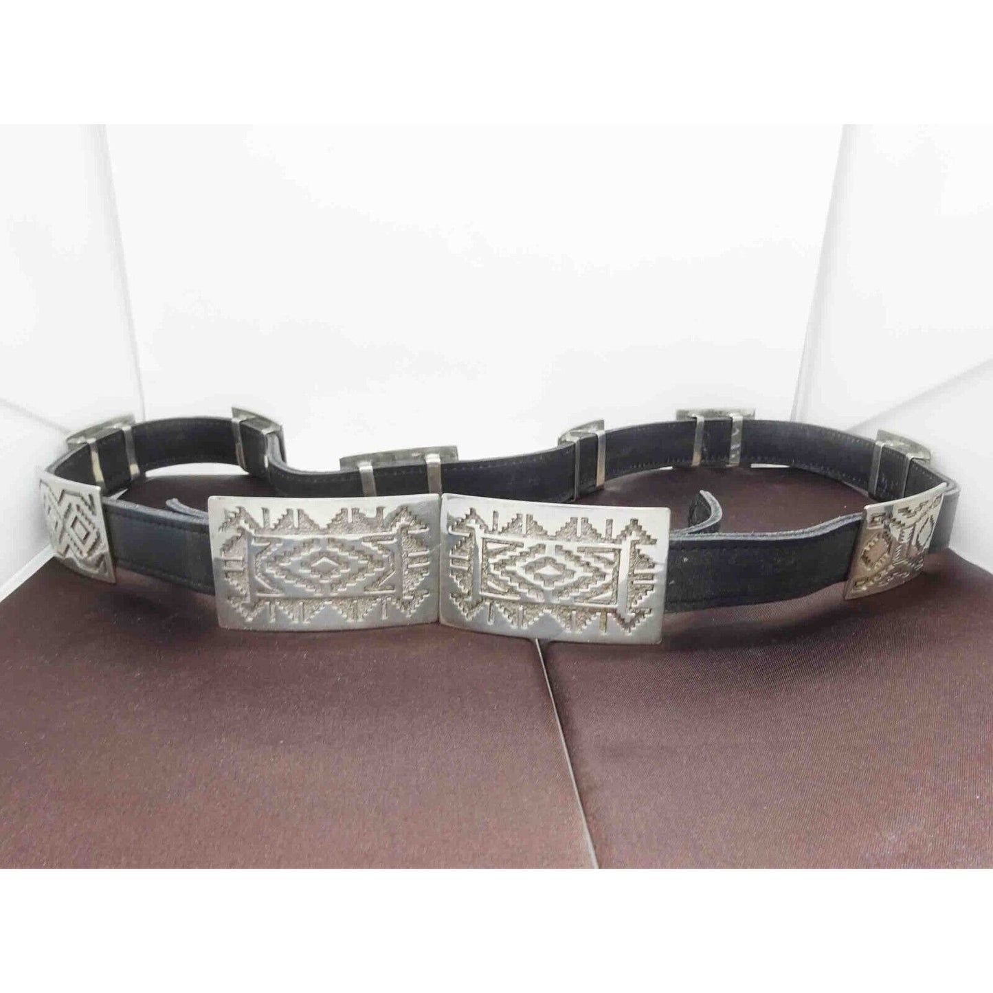 Geometric Navajo Design Sterling Silver Station Black Leather Belt