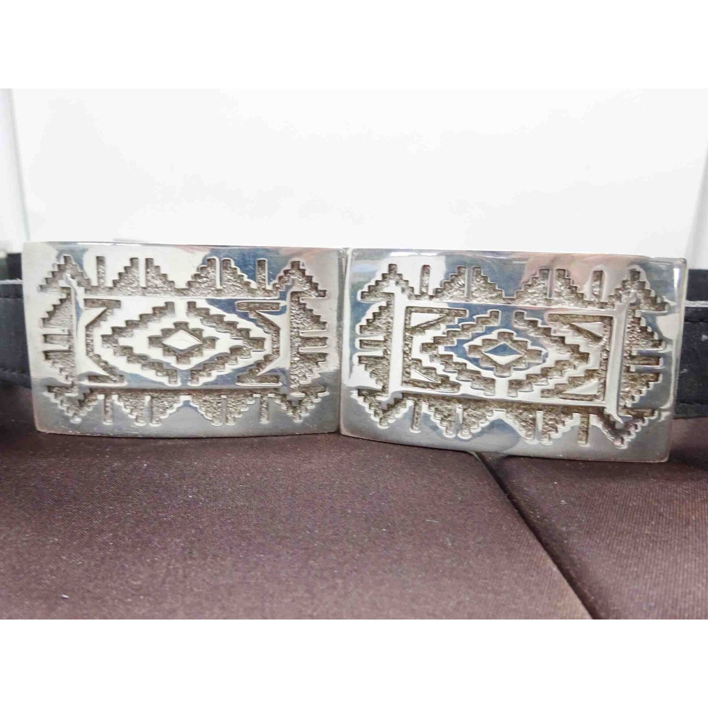 Geometric Navajo Design Sterling Silver Station Black Leather Belt