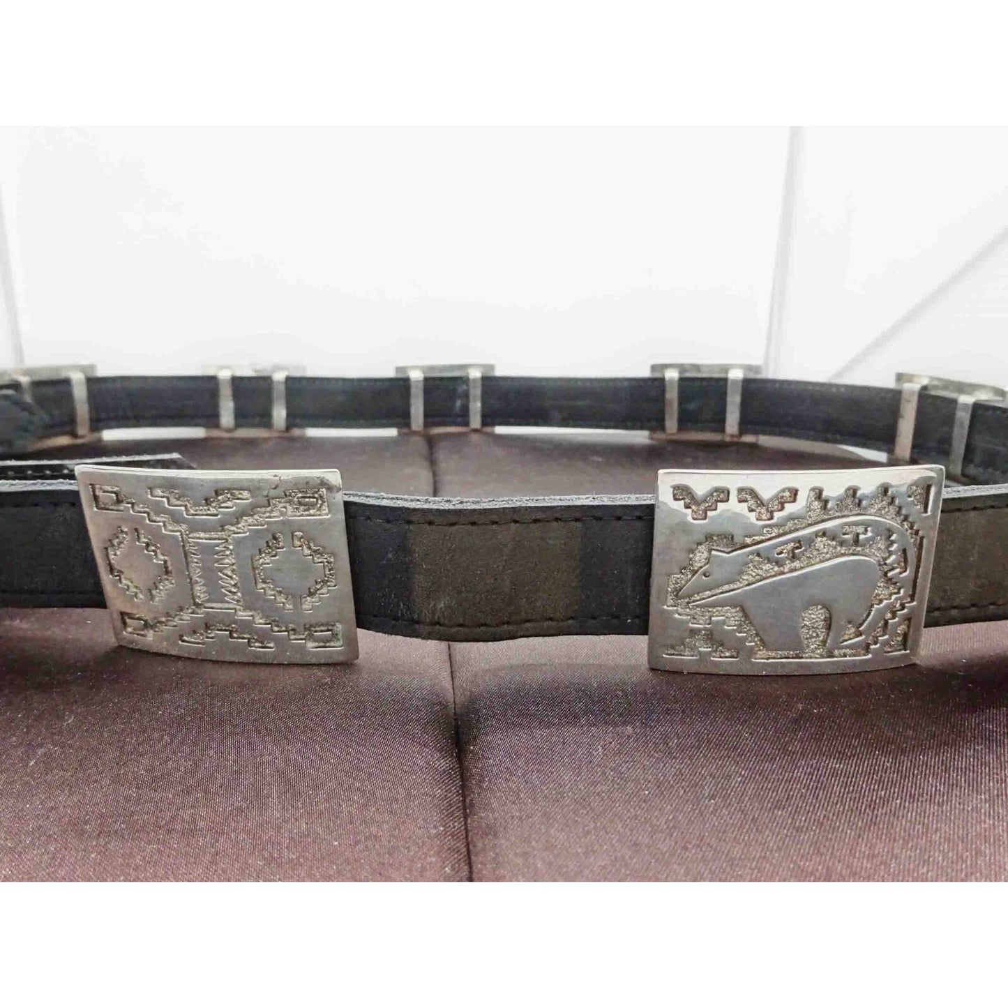Geometric Navajo Design Sterling Silver Station Black Leather Belt