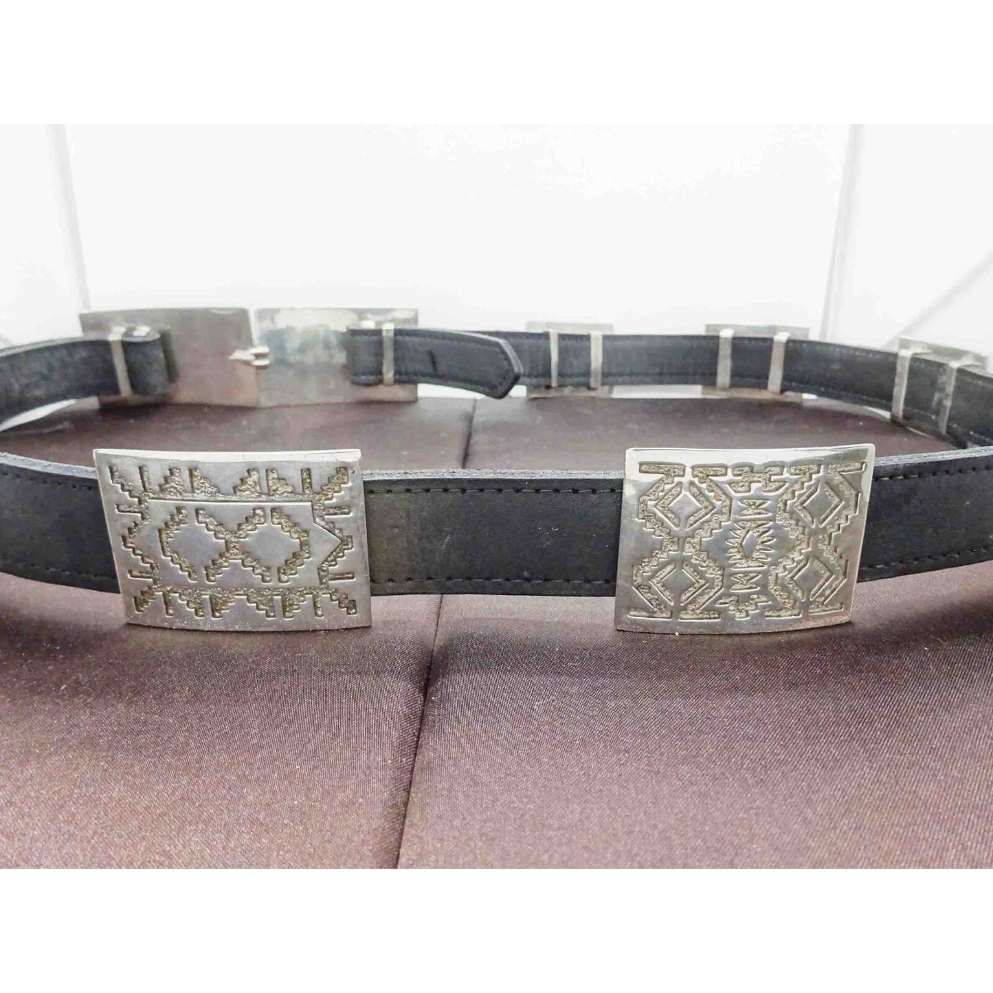 Geometric Navajo Design Sterling Silver Station Black Leather Belt