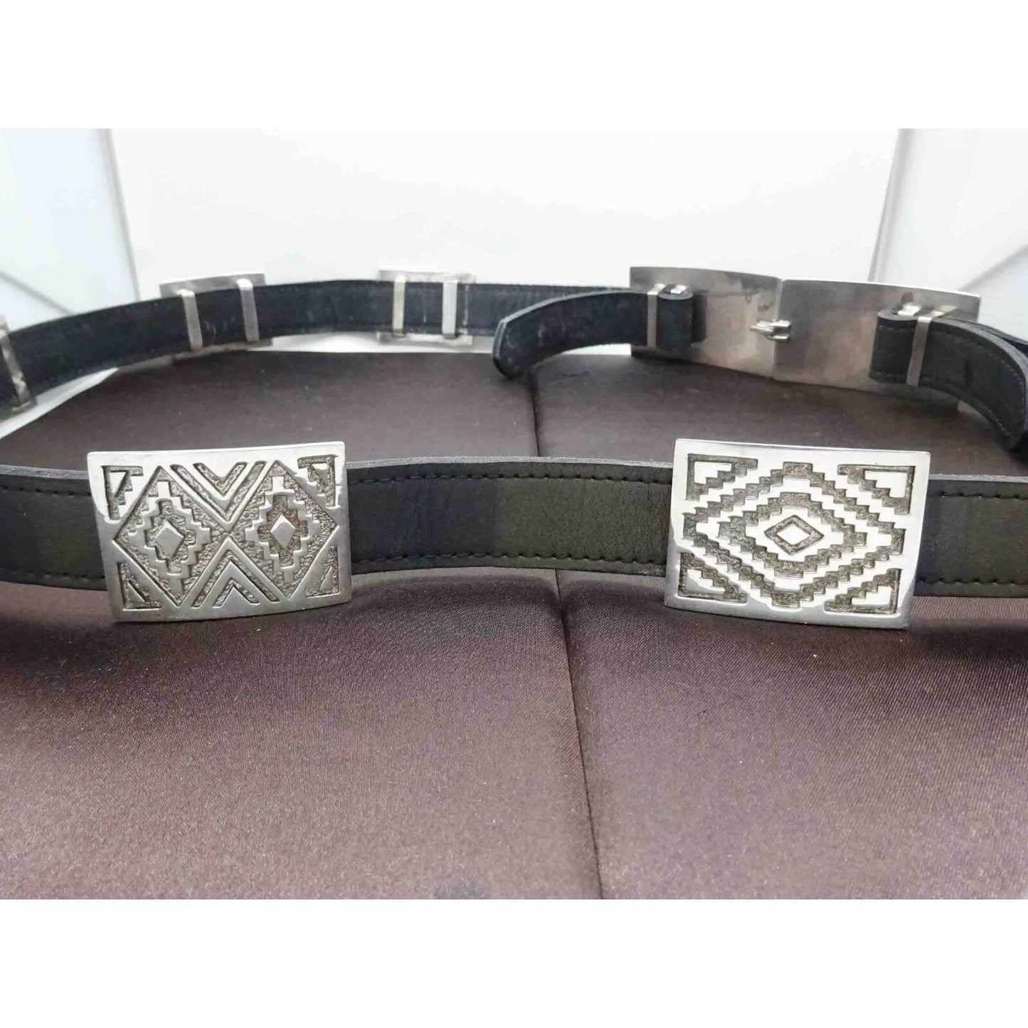 Geometric Navajo Design Sterling Silver Station Black Leather Belt