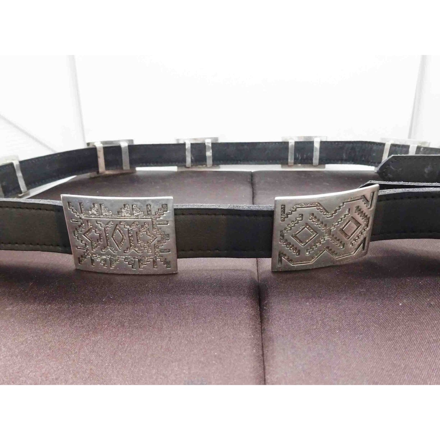 Geometric Navajo Design Sterling Silver Station Black Leather Belt