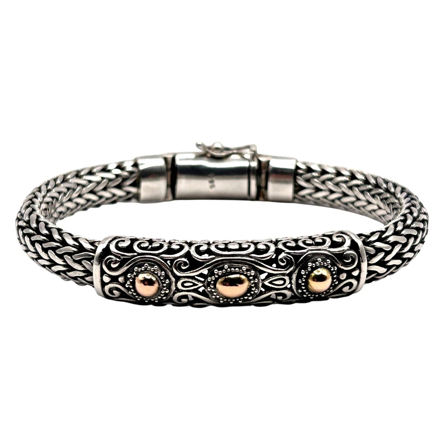 925 Sterling Silver Naga Chain Bracelet - Bali Engraving & Gold Tone Dots 68.5g