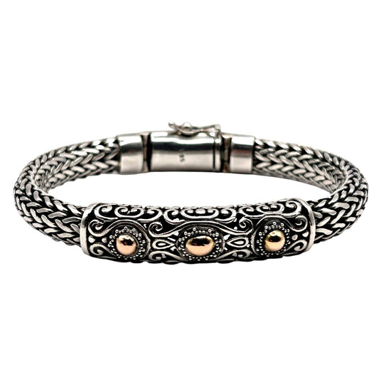925 Sterling Silver Naga Chain Bracelet - Bali Engraving & Gold Tone Dots 68.5g