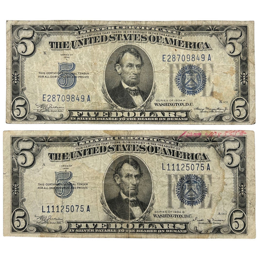 LOT OF 2 1934-A & 1934-B Blue Seal FRN Banknote Silver Certificate - Circulated