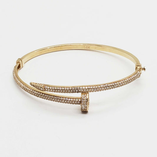 CZ Pave Nail Design Hinged Bangle Bracelet 14k Gold