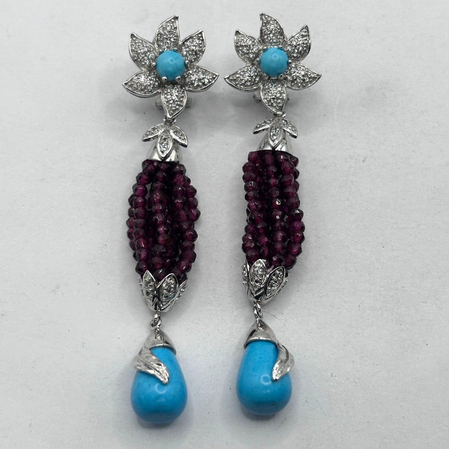 Sterling Silver Turquoise, White Zircon & Rhodolite Garnet Bead Dangle Earrings