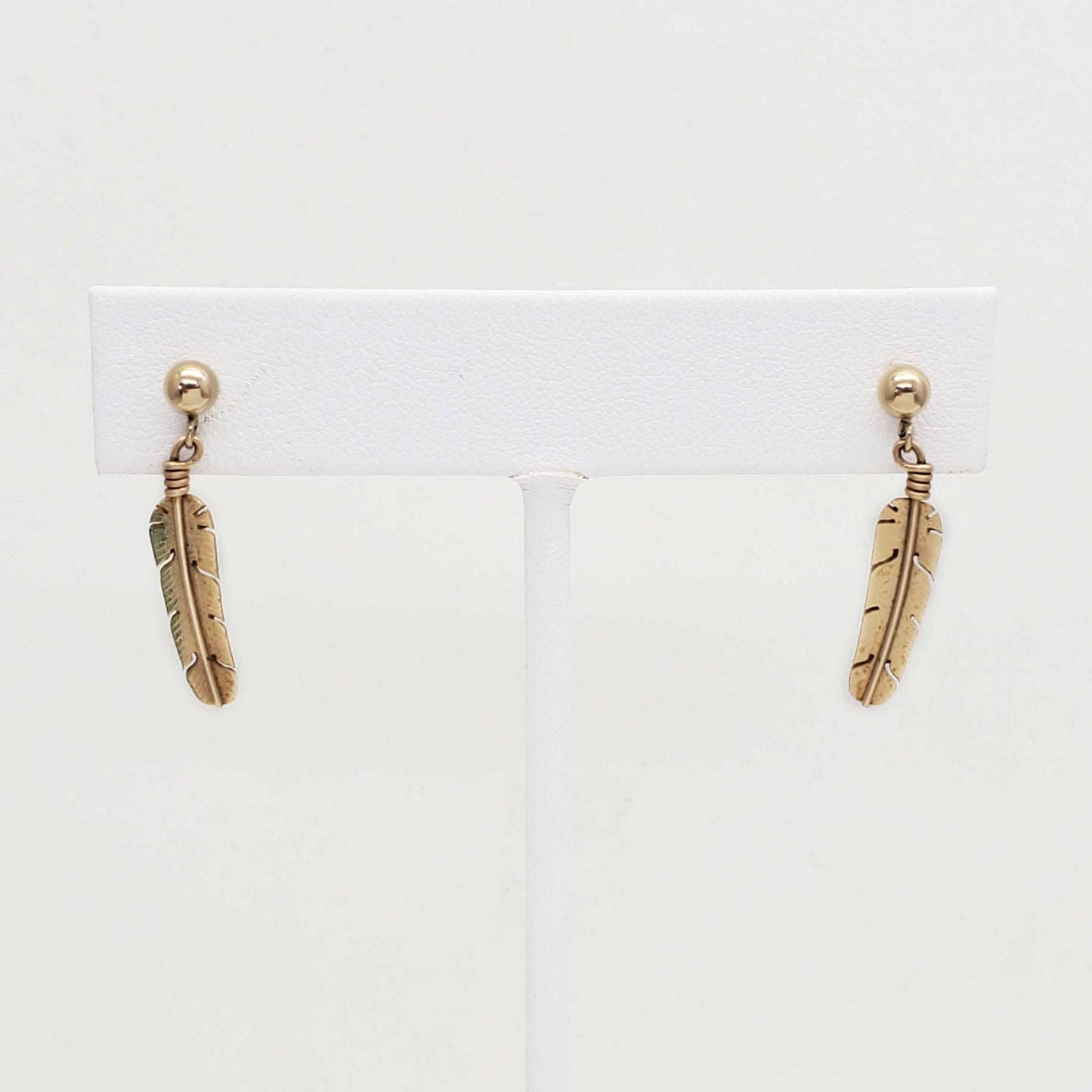 Rounded Feather Dangle Drop Earrings 14k Gold