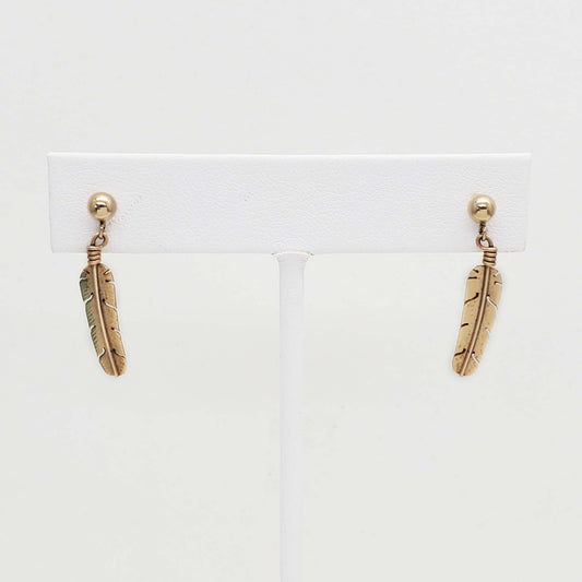 Rounded Feather Dangle Drop Earrings 14k Gold
