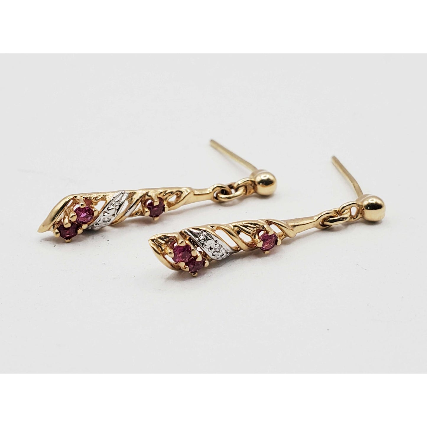 Ruby & Diamond Chip Dangle Earrings 14k Gold