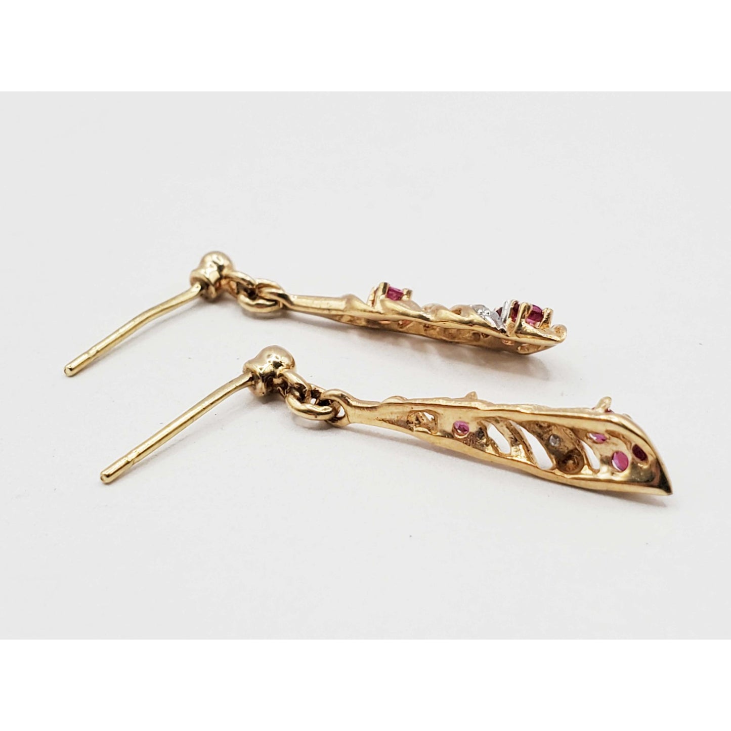 Ruby & Diamond Chip Dangle Earrings 14k Gold