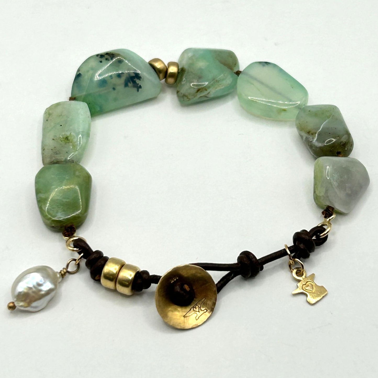 7.5" Chrysoprase Bracelet with a Natural Pearl and 14k Gold Beads