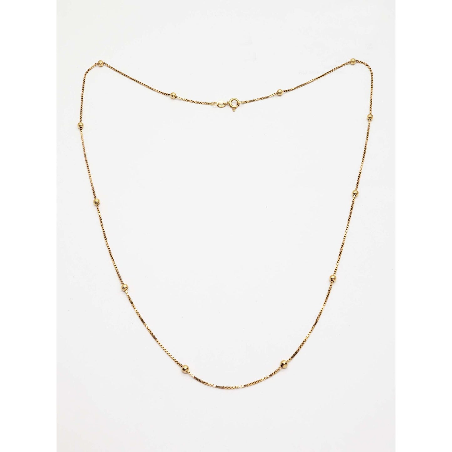 3.4mm Bead Station Thin Box Chain Necklace 14k Gold 24" Long