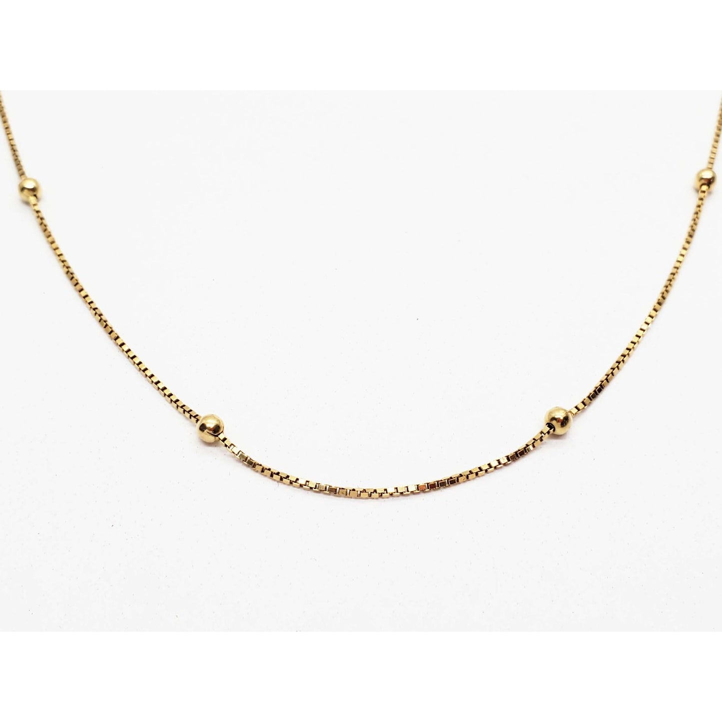 3.4mm Bead Station Thin Box Chain Necklace 14k Gold 24" Long