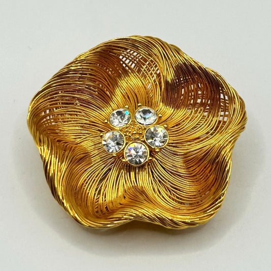 Vintage Monet Gold Plated Spun Wired Flower with Rhinestones Center Brooch