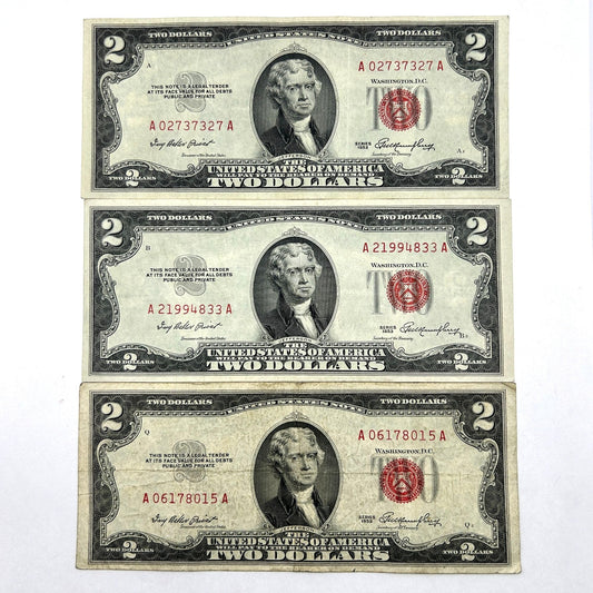 LOT OF 3 Series 1953 $2 Two Dollar Bills Red Seal - 2 Off Center Errors