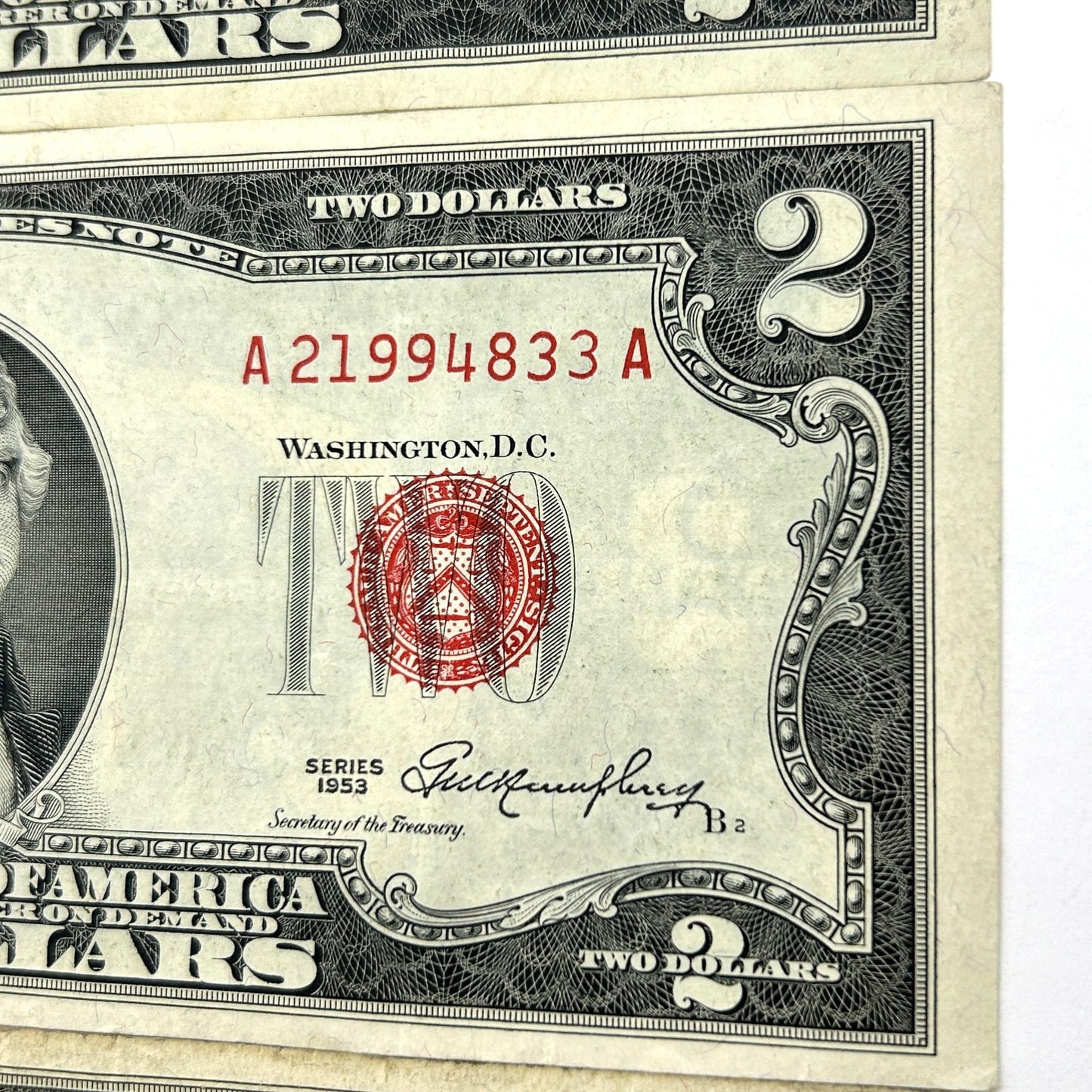LOT OF 3 Series 1953 $2 Two Dollar Bills Red Seal - 2 Off Center Errors