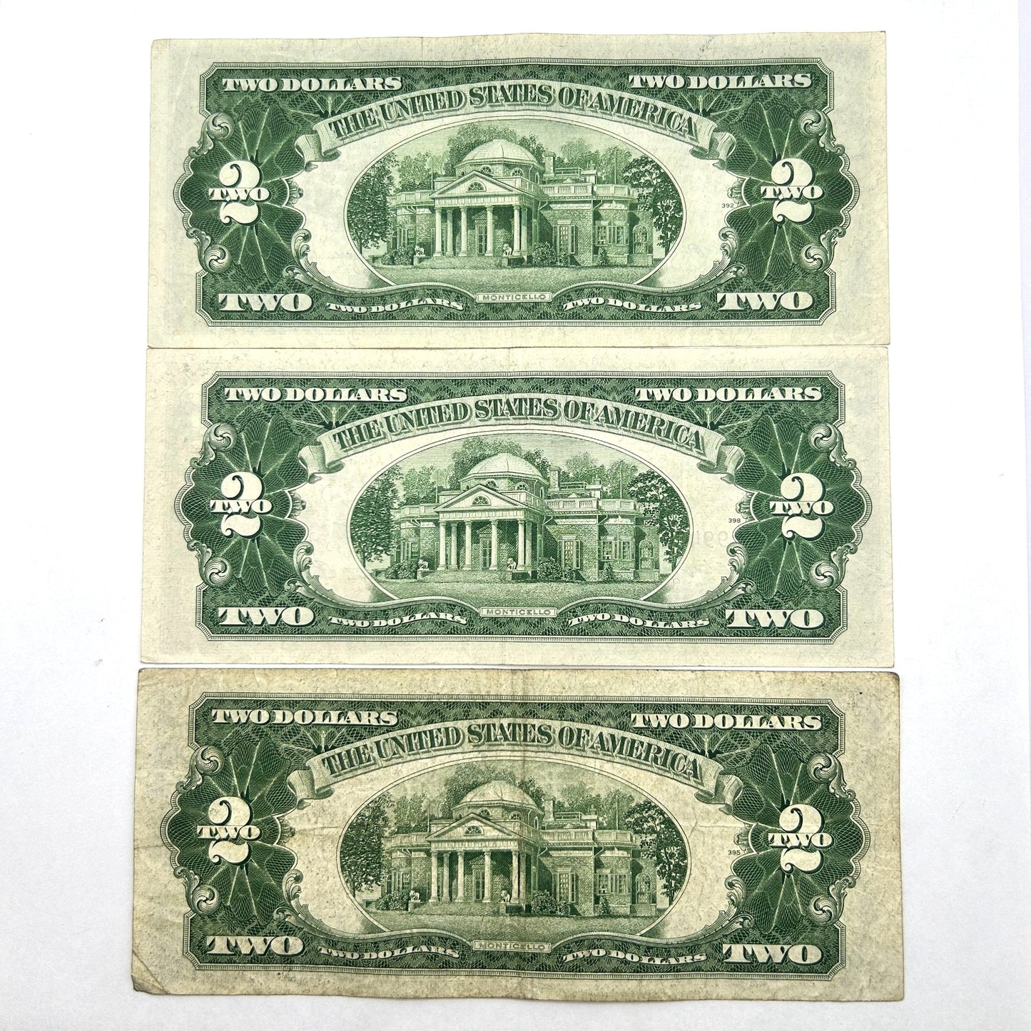 LOT OF 3 Series 1953 $2 Two Dollar Bills Red Seal - 2 Off Center Errors