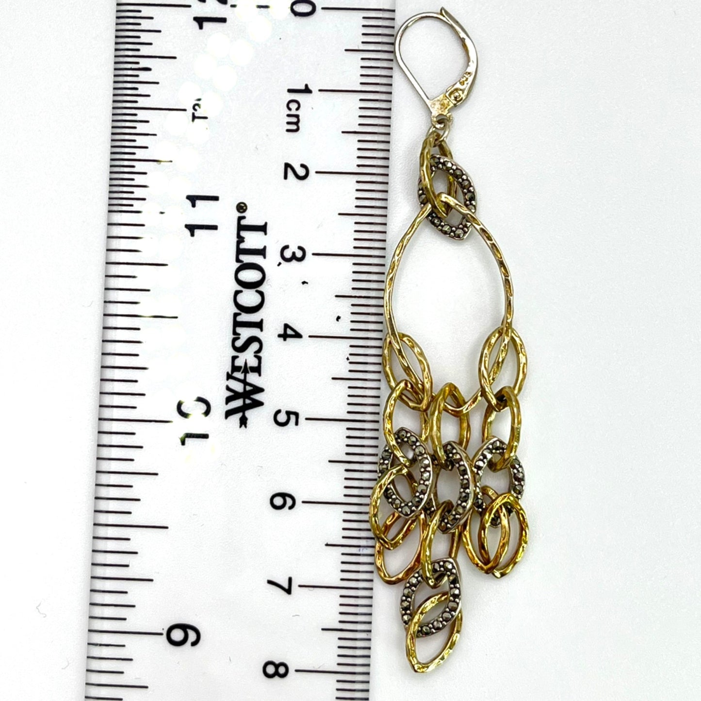 925 Sterling Silver Two Tone Gold Layered Marcasite Dangle Chandelier Earrings