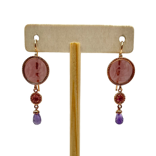 14k Rose Gold Tagliamonte Venetian Cameo Intaglio Dangle Drop Earrings Amethyst