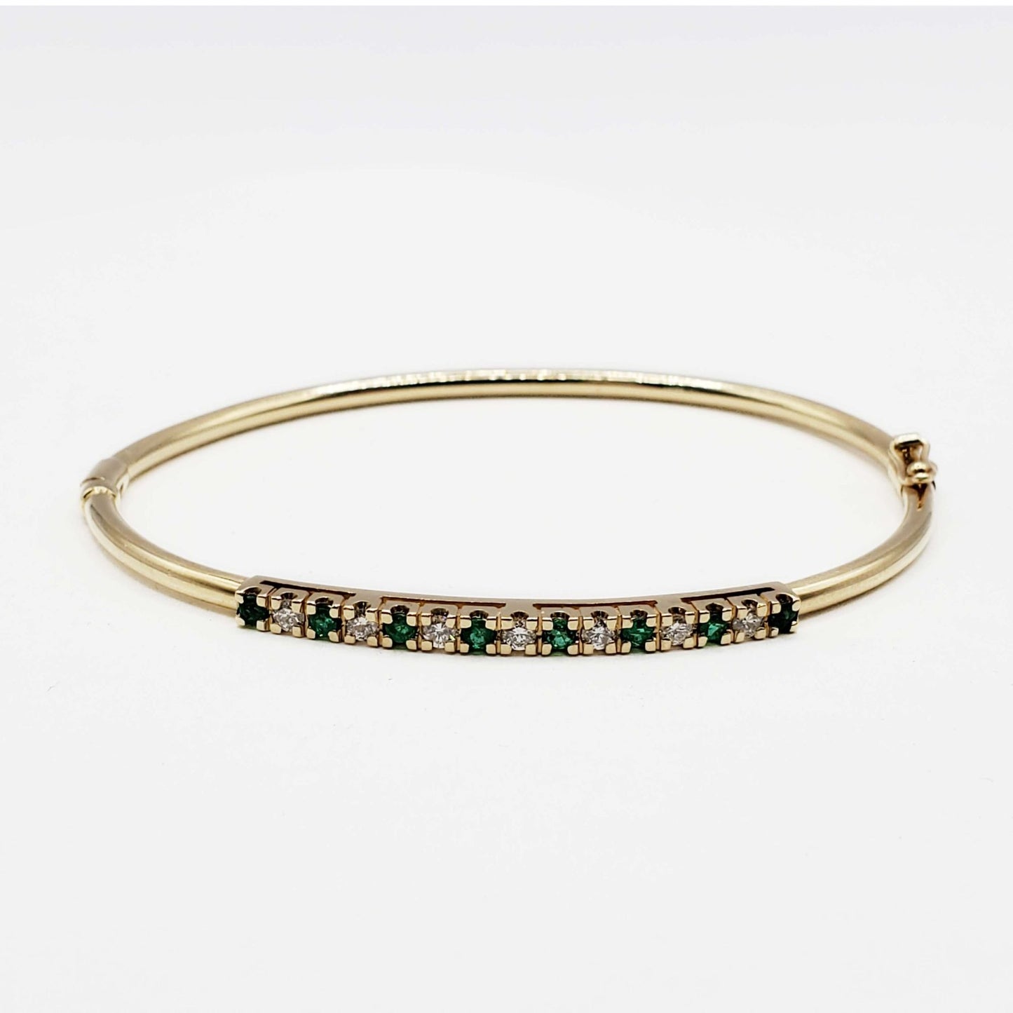 Vintage Natural Emerald & Diamond Hinged Bangle Bracelet 14k Yellow Gold