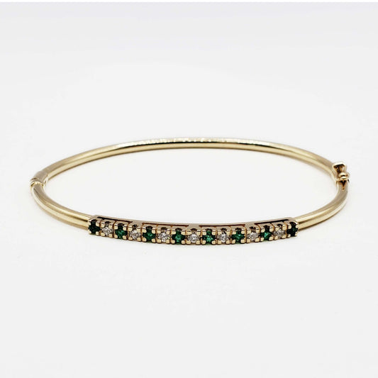 Vintage Natural Emerald & Diamond Hinged Bangle Bracelet 14k Yellow Gold