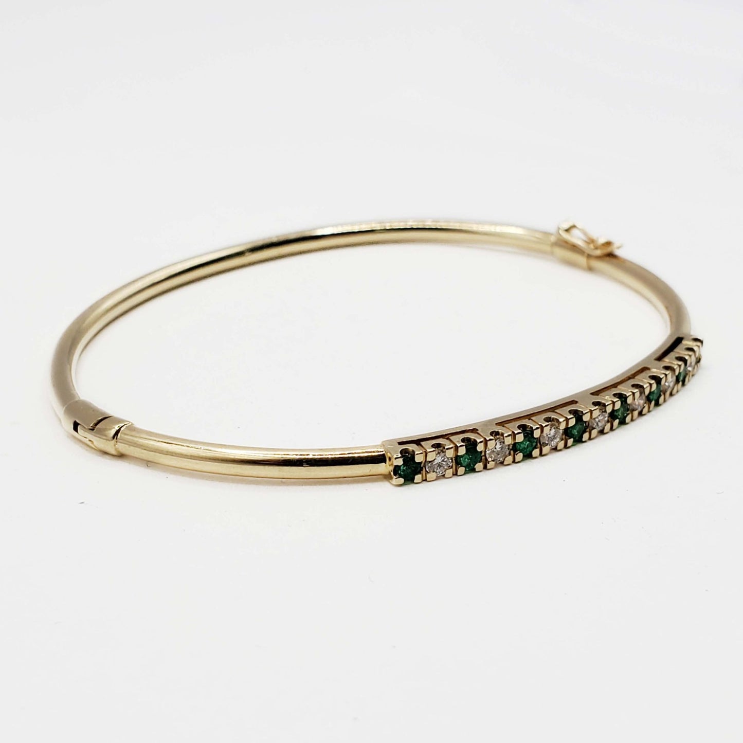 Vintage Natural Emerald & Diamond Hinged Bangle Bracelet 14k Yellow Gold
