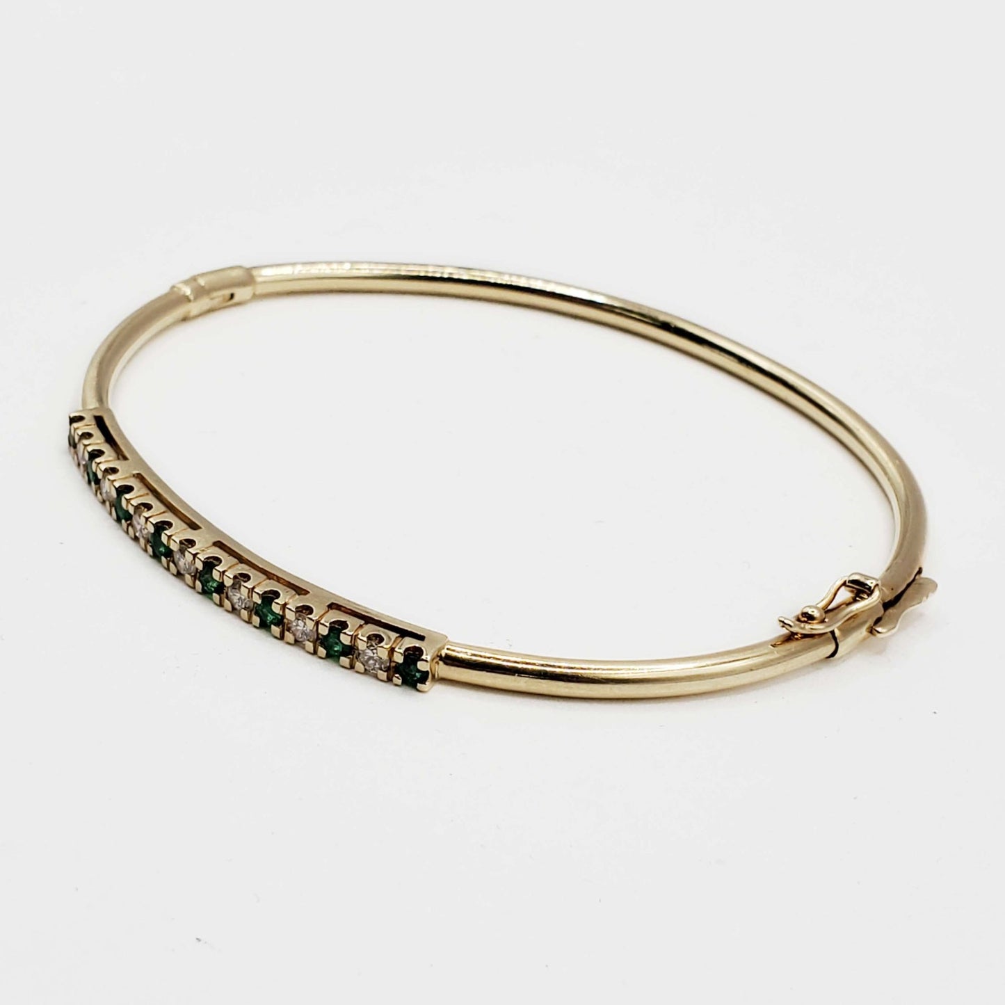 Vintage Natural Emerald & Diamond Hinged Bangle Bracelet 14k Yellow Gold