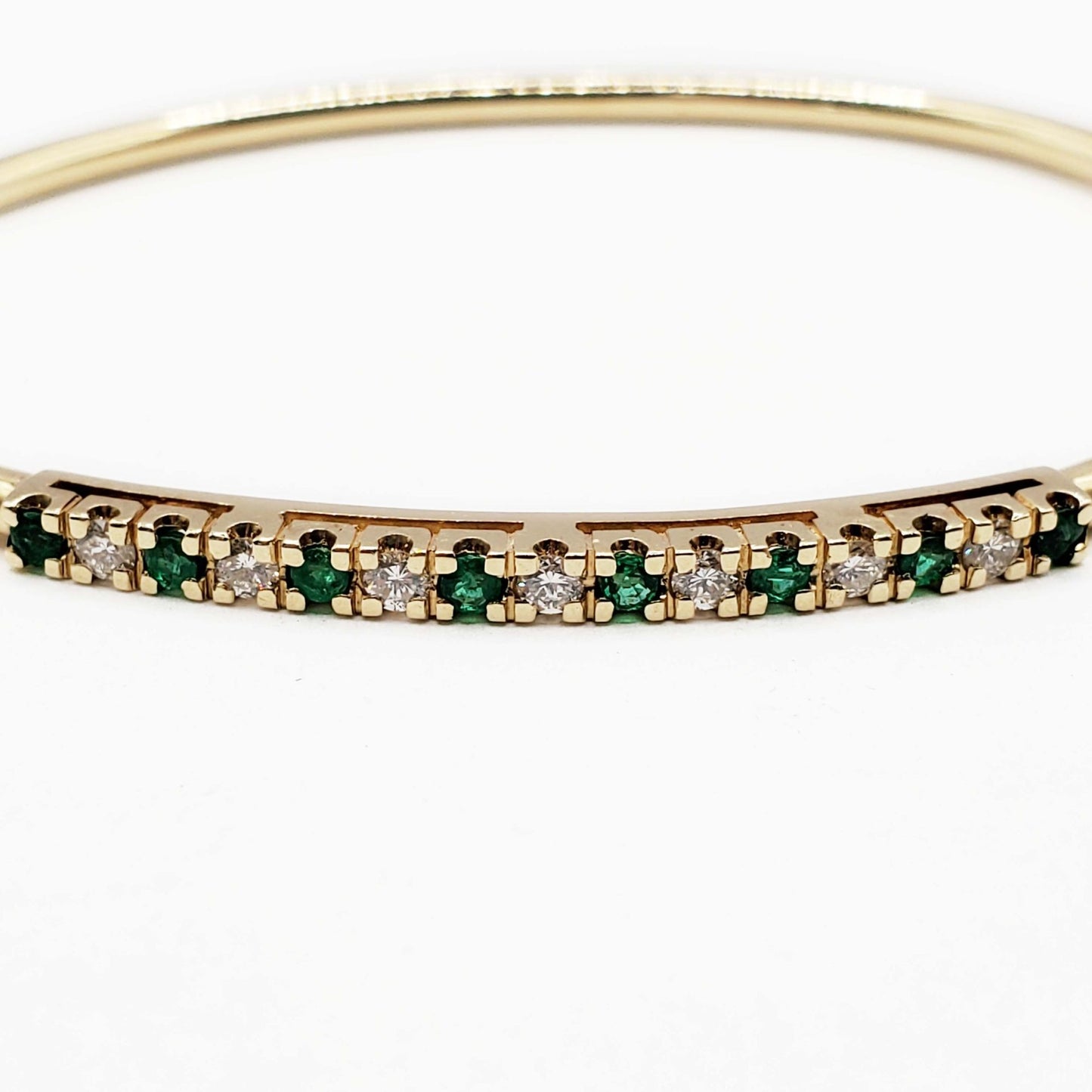 Vintage Natural Emerald & Diamond Hinged Bangle Bracelet 14k Yellow Gold