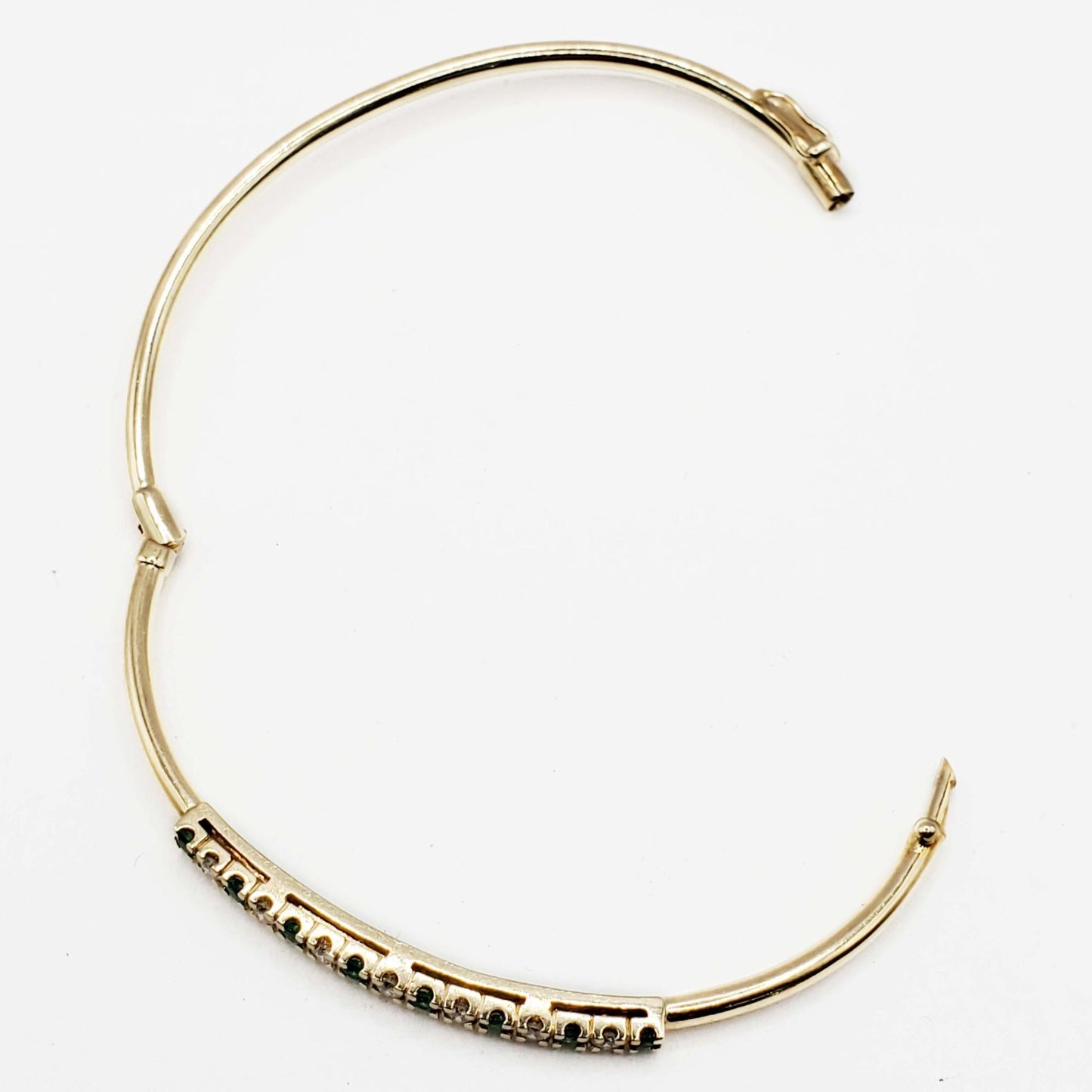 Vintage Natural Emerald & Diamond Hinged Bangle Bracelet 14k Yellow Gold