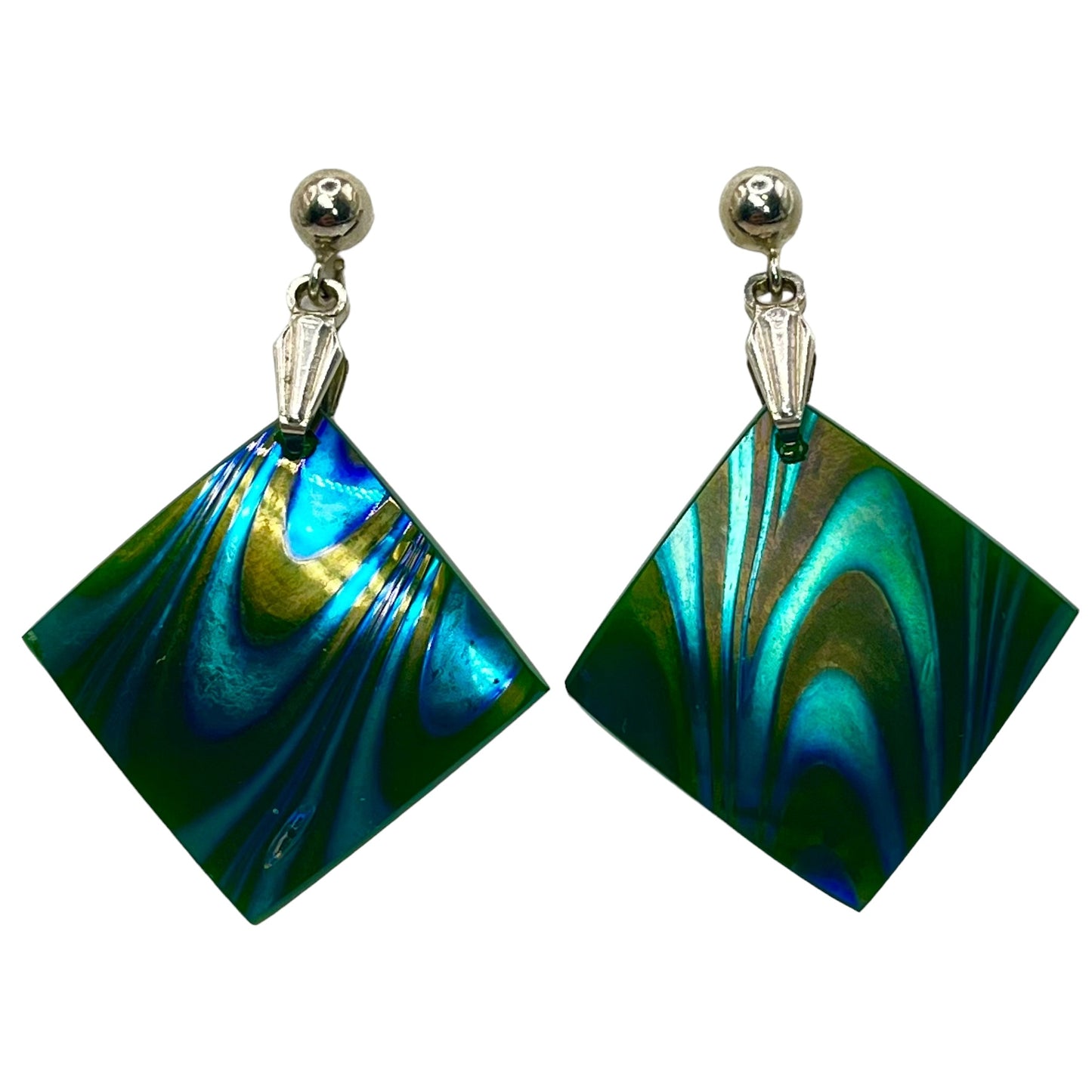 925 Sterling Silver Dichroic Italy Art Glass Dangle Drop Earrings Colorful