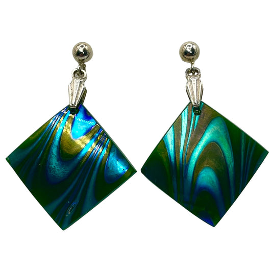 925 Sterling Silver Dichroic Italy Art Glass Dangle Drop Earrings Colorful