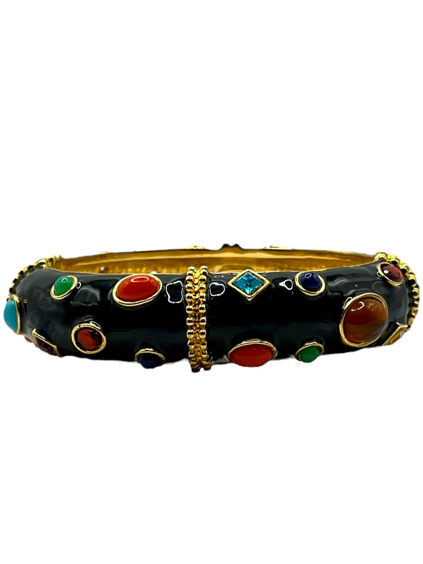 Kenneth J Lane KJL Black Enamel Jeweled Clamper Bangle Bracelet Colorful