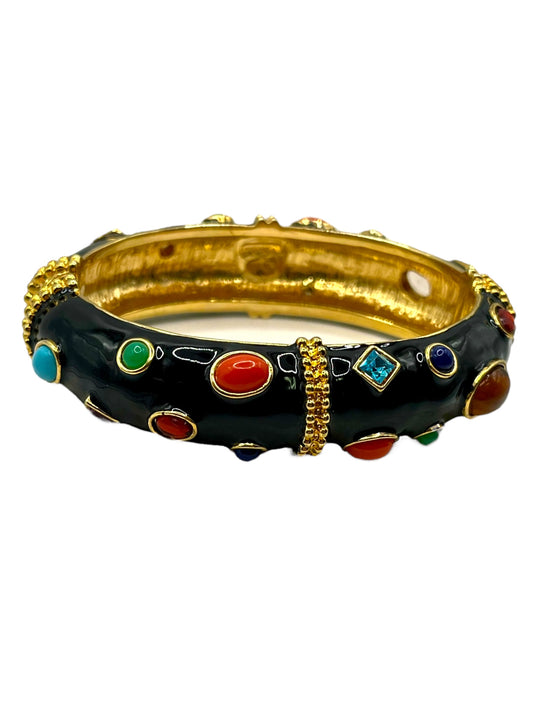 Kenneth J Lane KJL Black Enamel Jeweled Clamper Bangle Bracelet Colorful