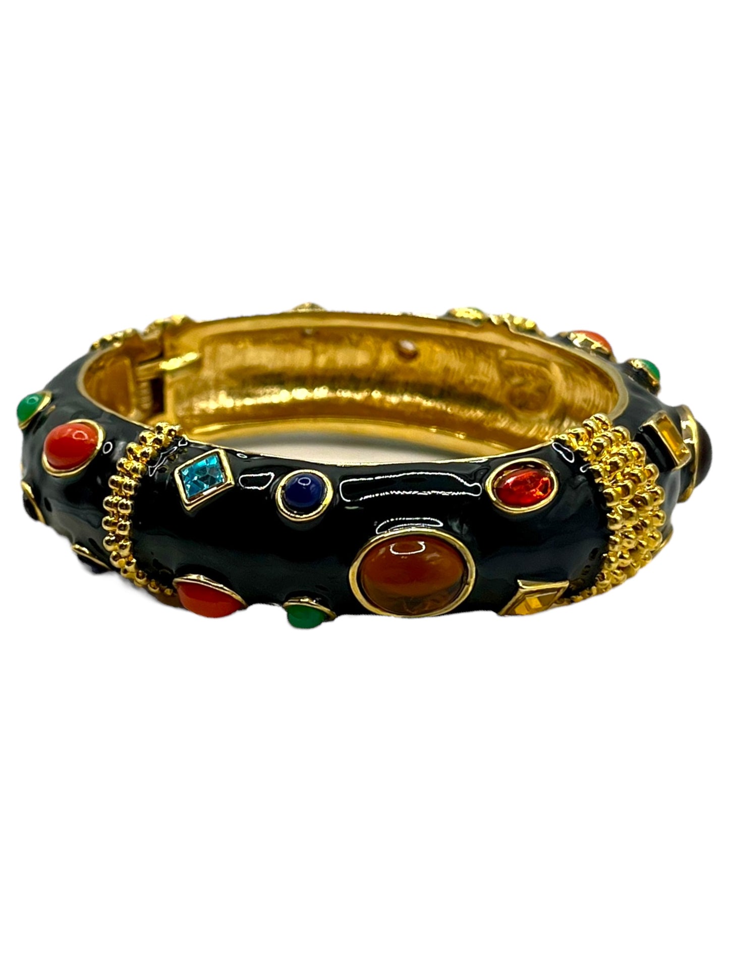 Kenneth J Lane KJL Black Enamel Jeweled Clamper Bangle Bracelet Colorful