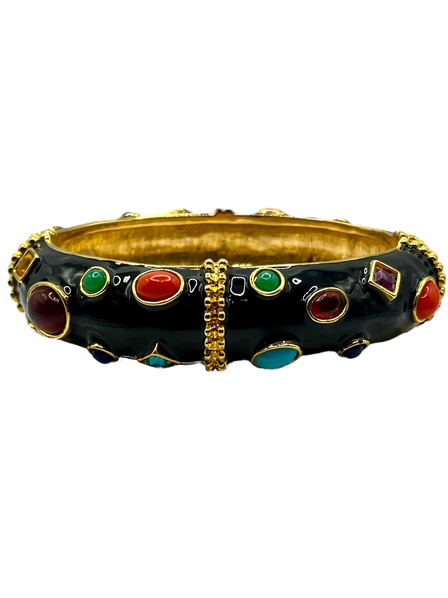 Kenneth J Lane KJL Black Enamel Jeweled Clamper Bangle Bracelet Colorful